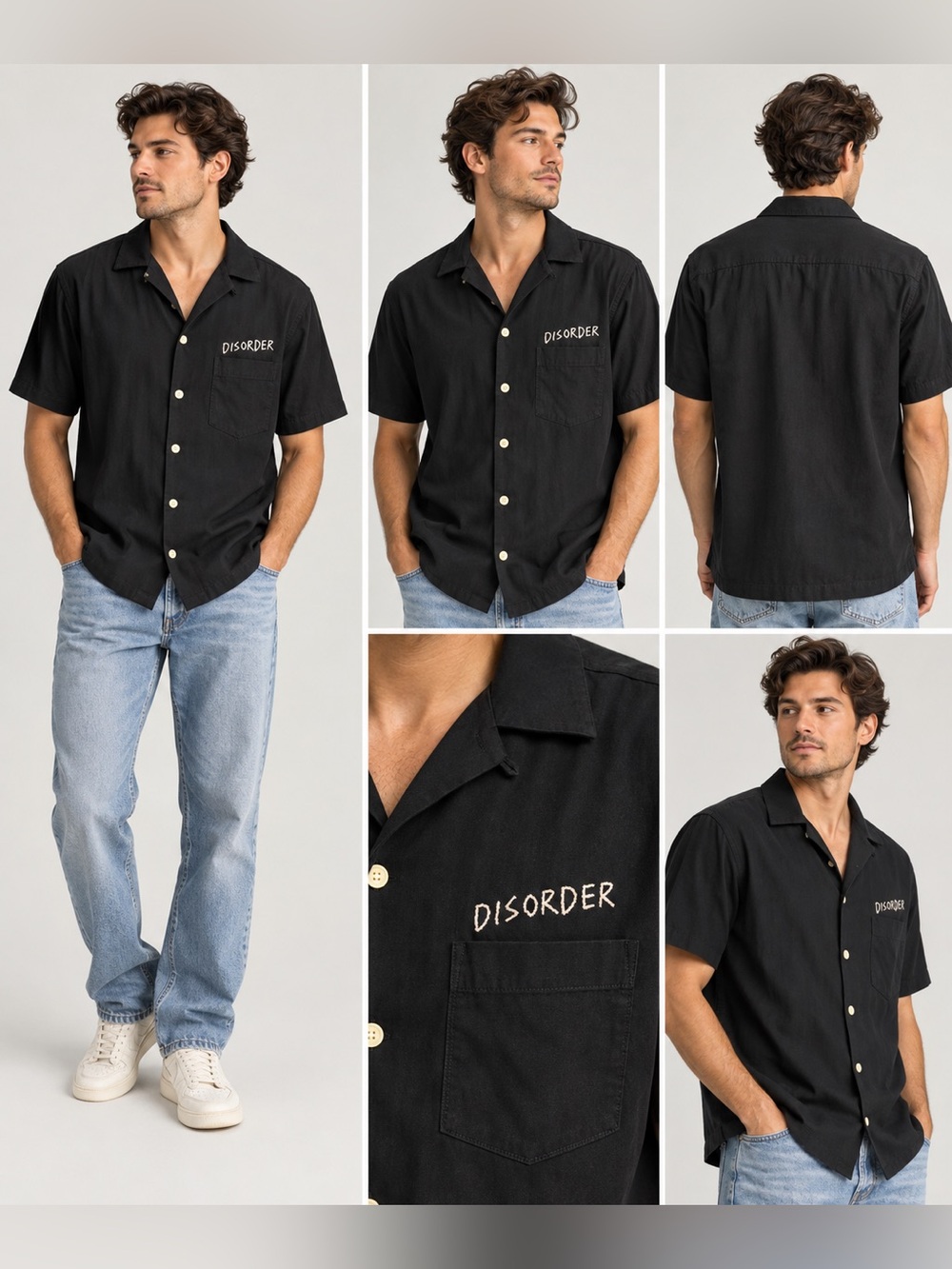 AllSaints Men’s Disorder Embroidered Camp Collar Shirt Black Size S Relaxed Fit